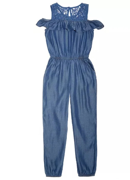 Epic Threads Big Girls Cold Shoulder Lace Chambray Jumpsuit Size Small 7 NEW - Picture 1 of 9